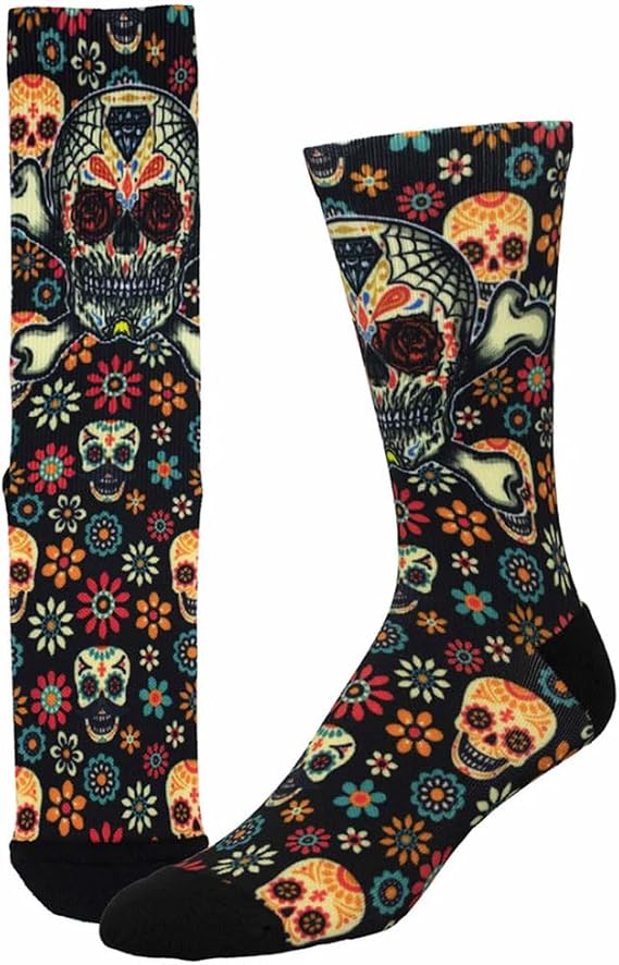 Socksmith Men's Crew Socks Muertos Ink Sugar Skull, Black, One Size Fits Most (1 Pair), 7-12.5 - sugar skull costume