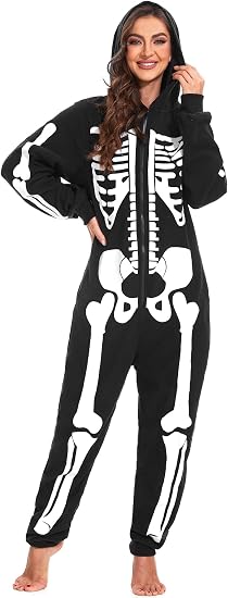 Women Halloween Skeleton Costume Onesie Jumpsuit Adult Plus Size Cozy Pajamas Hoodie Outfit Suit Scary Cosplay - skull sweatshirts