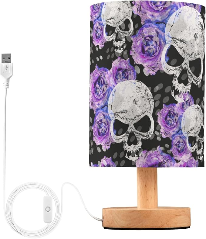 Gothic Pattern Table Lamp with Wood Base and Fabric Shade - Purple, Blue Rose Flower Design for Nightstand, Bedside, Desk, Living Room, Bedroom, Kids Room, Office - skull lamp