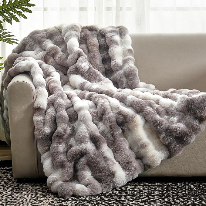Cozy Bliss Bubble Faux Fur Throw Blanket for Couch, Tie-dye Taupe, 50″x60″