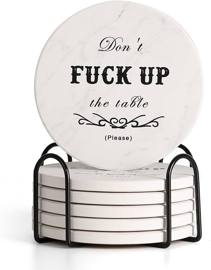 Funny Drink Coasters Ceramic Absorbent Coasters, Don't up The Table Coaster with Cork Back for Family and Friends, 6 Pack (Round-White, 6) - skull coaster