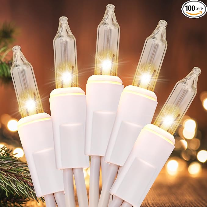 Meteds Christmas Lights 100 Count Clear White Wire UL Certified Connectable Warm White String Lights for Christmas Tree,Garland,Home,Patio, Wedding,Party,Festival Decor - string light
