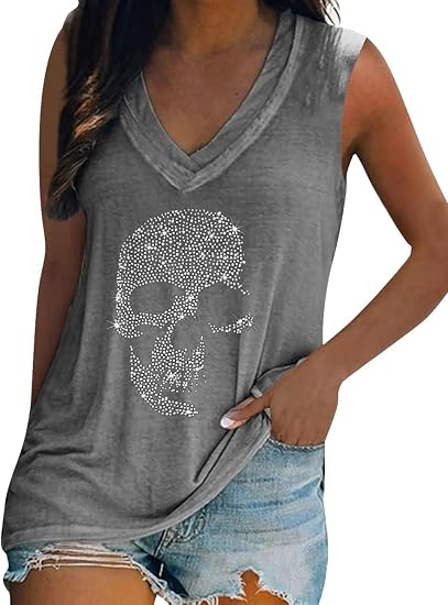 Fronage Women’s Rhinestone Skull Tank Tops Loose Graphic V Neck Sleeveless Tee Shirt