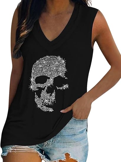 Fronage Women’s Rhinestone Skull Tank Tops Loose Graphic V Neck Sleeveless Tee Shirt