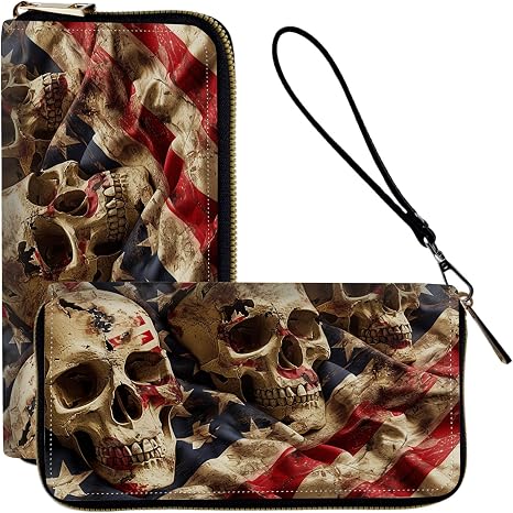 Ladies Wallet,Clutch Purses for Women Wallets Leather Credit Card Holder for Women Wristlet Slim Small Cute with Zipper,Thin RFID Blocking with Wrist Strap,American Flag Skull - skull wallet