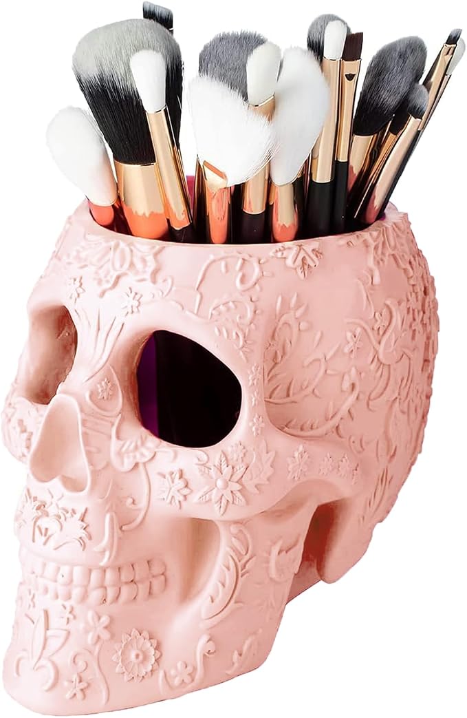 Skull Makeup Brush Holder, Pen Holder, Vanity, Desk, Office Organizer, Stationary, Decor Planter, Candy Bowl, Goth Decorations, Extra Large, Skulls Gothic Skull & Bones Organizer Bathroom (Cloud Pink) - sugar skull makeup