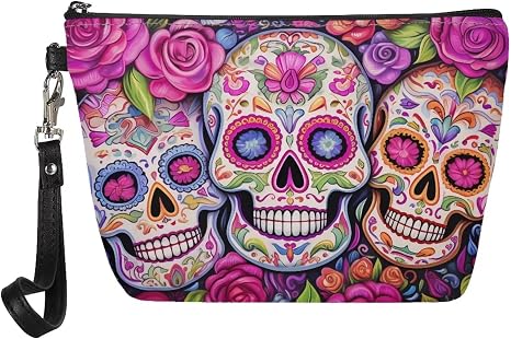 Howilath Pink Sugar Skull Rose Printed Womens Makeup Bag PU Leather Handle Cosmetic Pouch Shopping Clutch Bag