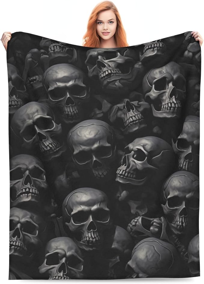 Black Horror Skull Fuzzy Sofa Throw Blanket Flannel Super Soft Warm Fleece Bedspread Home Decor for Bed Couch Living Room All Season 50″X60″