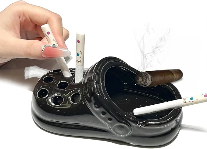 Creative Clogs Ceramic Cigarette Ashtray, Cute Tabletop Portable Smokeless Ashtrays Smoking AshTray for Home Indoor Outside Patio Office Cool Cigar Ashtray Handmade Gift for Men Women (Black) - skull ashtray