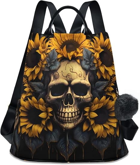 Sunflower Smile Skull Travel Backpack Purse for Women Multipurpose Design Ladies Fashion Bag with Pompom - skull backpack