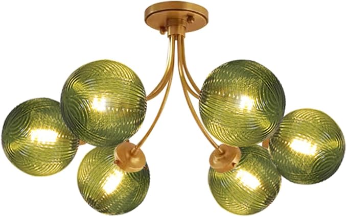 6-Light Green Hand Blown Glass Flush Chandelier, Mid Century Light - skull lamp