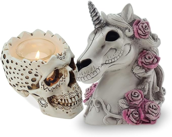 Gothic Unicorn Coin Bank Skull Candle Holder Handmade Skull Figurines - skull candle