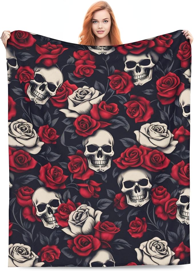 Horror Skull Blanket Gifts for Kids Adults Soft Warm Lightweight Cozy Gothic Red Rose White Black Skulls Throw Blankets for Bed Living Room Sofa Couch Halloween Goth Decor 50x60in - skull blanket