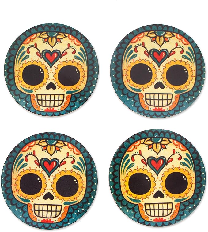 NOVICA Artisan Handmade Decoupage Wood Coasters Pinewood with Day of The Dead Motifs Multicolor Mexico Tableware Barware Floral Skull 'La Catrina' (Set of 4) - skull coaster
