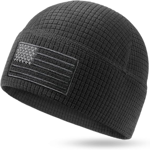 OUTDOOR SHAPING Grid Fleece Beanie with American Flag Embroidery Waffle Skull Cap - skull hat
