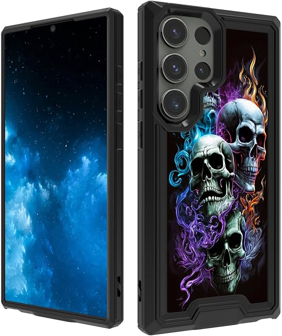 Samsung Galaxy S24 Ultra 6.8 inch 2024 Phone Case, Fire Skulls Pattern Dual Layer Hybrid Hard PC Soft TPU Shock Proof Protective Case, Wireless Charging Compatible - Skull phone case