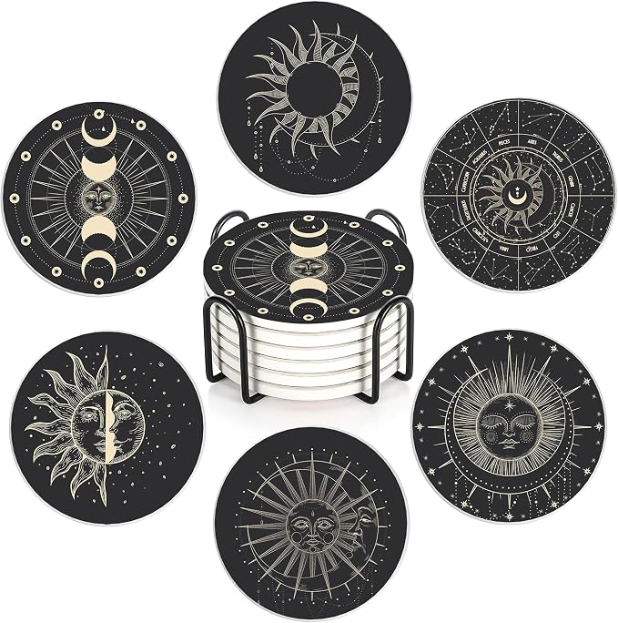 Drink Coasters with Holder,6 Pcs Moon Phases Absorbent Ceramic Coasters with Cork Base,Cute Funny Table Drinks Coasters,Table Home Decor,4 Inches - skull coaster