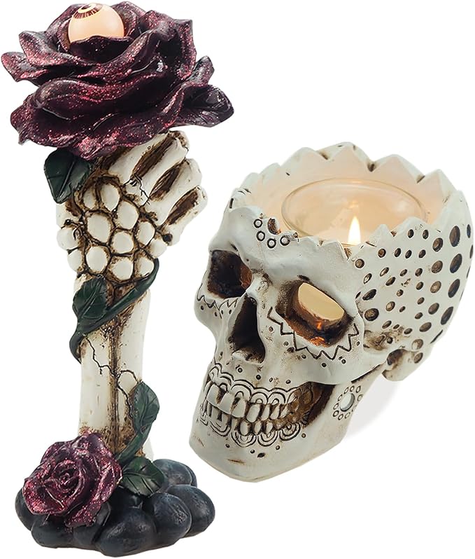 Gothic Elegance Bundle: Skull Candle Holder with Tealight & Skeleton Hand Rose with LED Eyeball Accent - skull candle