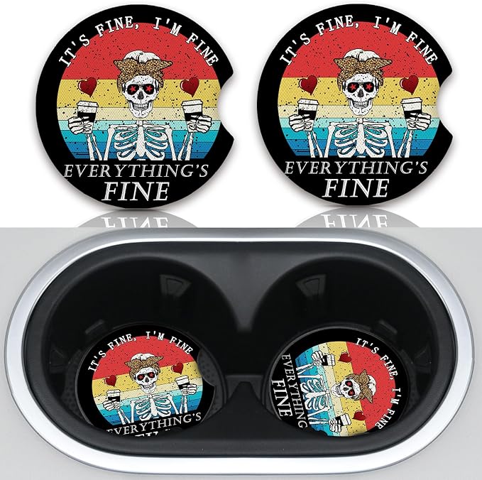 Funny Skull with Coffee Cup Holders Car Coasters Set for Women/Men,Absorbent Cup Car Holders, 2 Pack Universal Neoprene Coasters with A Finger Notch - skull coaster