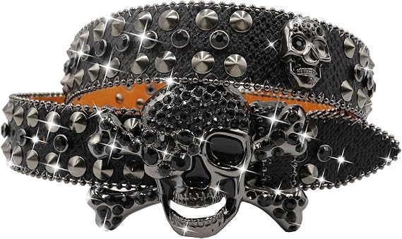 Rhinestone Studded Skull Belt for Men Women Punk BB Belt Y2k - skull wallet