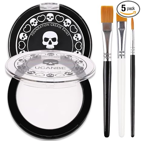 UCANBE Black White Face Body Paint with Painting Brush Kit, Cream-to-Powder Goth White Foundation + Black Greasepaint for Kids & Adult Halloween, SFX Makeup Set for Clown Skull Mime Cosplay & Costume - sugar skull makeup