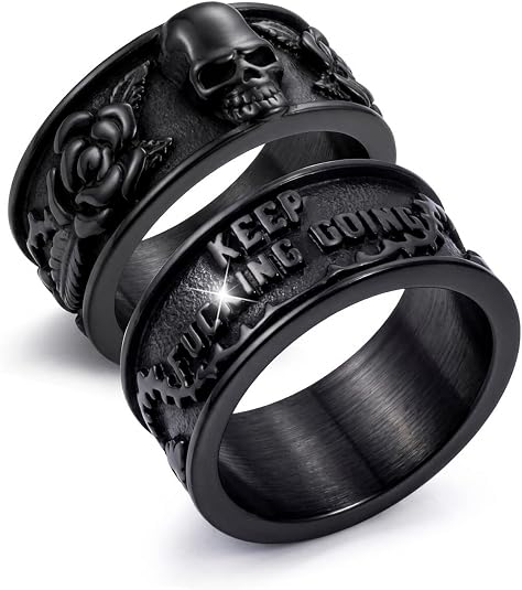 Vintage Gothic Skull Rings for Men Women, Stainless Steel Black Onyx Poker Ring Band Silver Skeleton Cocktail Party Biker Ring - skull ring