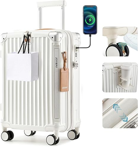 Joyway Carry On Luggage, Expandable Suitcase with Smart Cup Holder and USB Port, 20 IN Hardside Checked with TSA Lock Spinner Double Wheels, White - skull suitcase