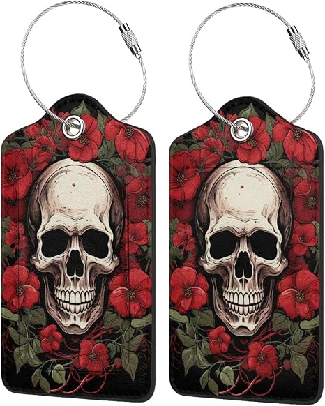 Gothic Rose Blood Skull 2 Pack Luggage Tag for Suitcase, Luggage Tags for Suitcases,Leather Stainless Steel Loop Label Tag for Men Women Girlstravel Bag Suitcase - skull suitcase