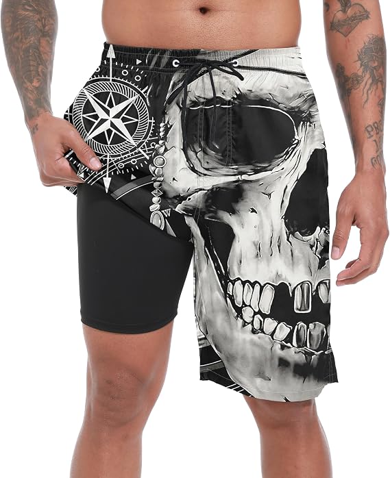 FT FENTENG Mens Swim Trunks with Compression Liner 9" Big and Tall Board Shorts 2 in 1 Quick Dry Long Swimwear Bathing Suits - skull swimsuit