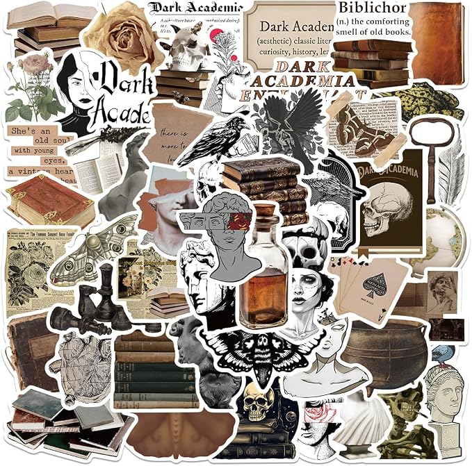50 PCS Dark Academia Stickers, Vintage Gothic Aesthetic, Dark Academia Decor for Journaling, Scrapbook, Water Bottle, Laptop - skull sticker