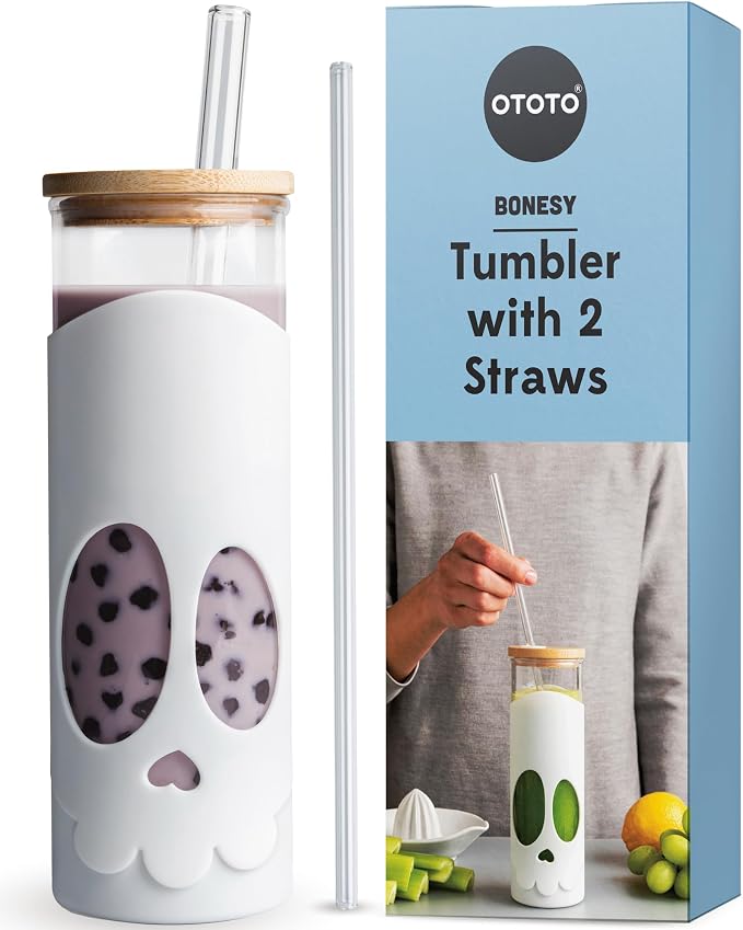 OTOTO NEW Bonesy Glass Tumbler with Straw and Lid – 16.90oz Cute Water Bottle Tumblers, Goth Accessories, Spooky Gifts, Halloween, Skull Glass Cup with Lid and Straw, Goth Gifts (White)