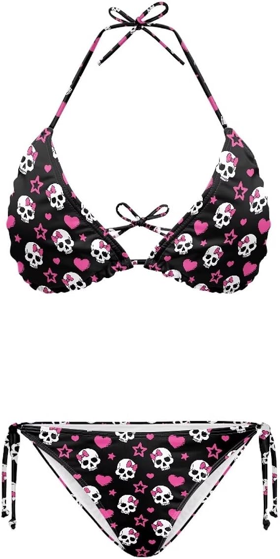 JEOCODY Women's Two Piece Bikini Swimsuit Sexy Bathing Suits Halter Triangle Swimwears Cheeky Bikini Sets - skull swimsuit