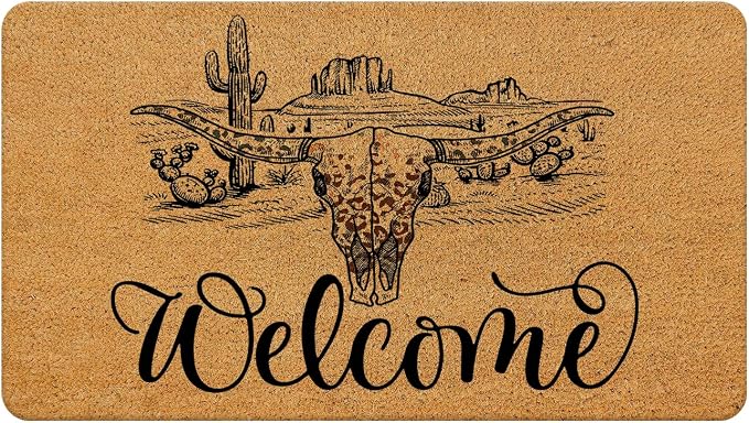 Nogrit Western Welcome Door Mat 17x30 Inch, Western Longhorn Skull Desert Faux Coir Doormat Outdoor Indoor Entryway Entrance, Rustic Southwest Front Door Floor Decor - skull floor mat
