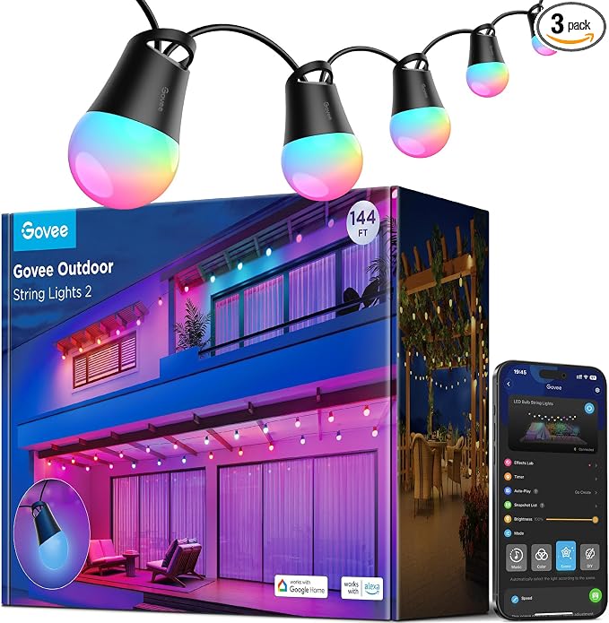 Govee Smart Outdoor String Lights 2, 144ft RGBIC Patio Lights with 45 Bulbs - string light