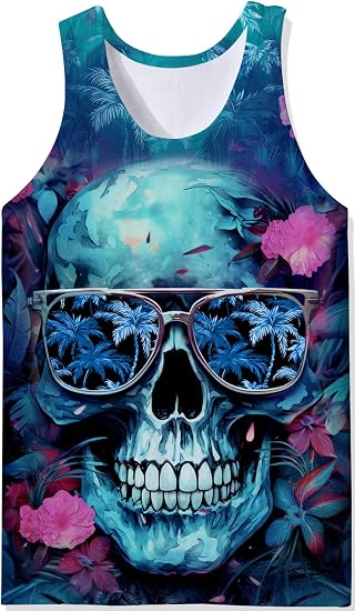 RAISEVERN Mens Tank Tops Summer Sleeveless Tee Beach Cool Workout T-Shirts - skull tshirt