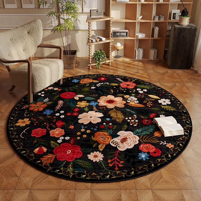 Rugcomf Round Area Rug 6ft Washable, Black
