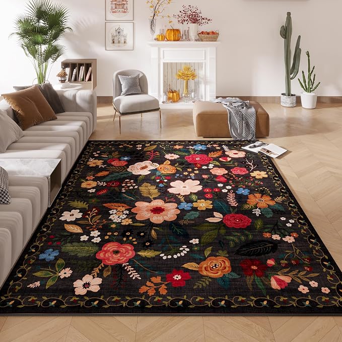 Rugcomf Area Rug 5x7 Washable, Black - skull rug