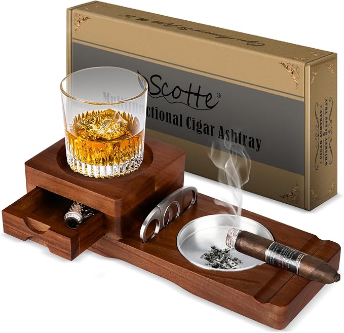 Scotte Ashtray Coaster Whiskey Glass Tray & Wooden Ash Tray with Cigar Cutter,Include Drawer and Cigar Slot Home Office Outdoor Great Cigar Accessories for Men (Deep brown) - skull ashtray