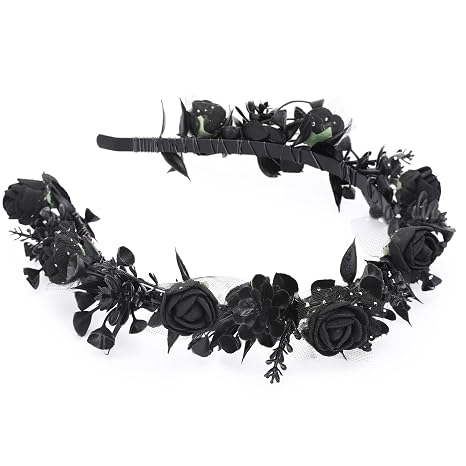 Black Floral Headpiece - Women's Elegant Lace Foam Rose Headband With Flowers for Hair Accessories, Wedding, Party, Birthday Gift, Photo Props - skull headband
