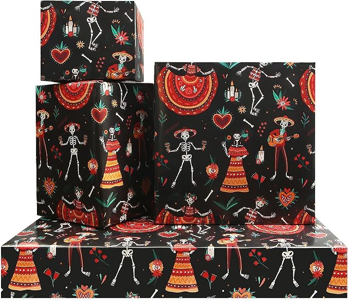 Day of the Dead Colourful Horror Skull Roses Mexican Spooky Design Wrapping Paper Set of 4 Folded Flat Sheets (27.5 X 19.5 inches per Sheet: 15 sq. ft. ttl.) Dia de los Muertos, Halloween & Xmas Holiday Party DIY Crafts Presents Gift Wrap - skull toilet paper
