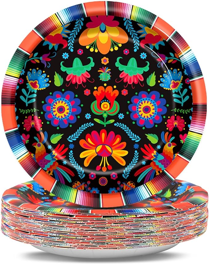 48PCS Mexican Fiesta Paper Plates 7" Fiesta Party Plates Disposable,Mexico Day of The Dead Dessert Plate Supplies Decor for Mayo Dia De Los Muertos Taco Dance Pinata Colorful Ponchos Dinner Tableware - skull plate