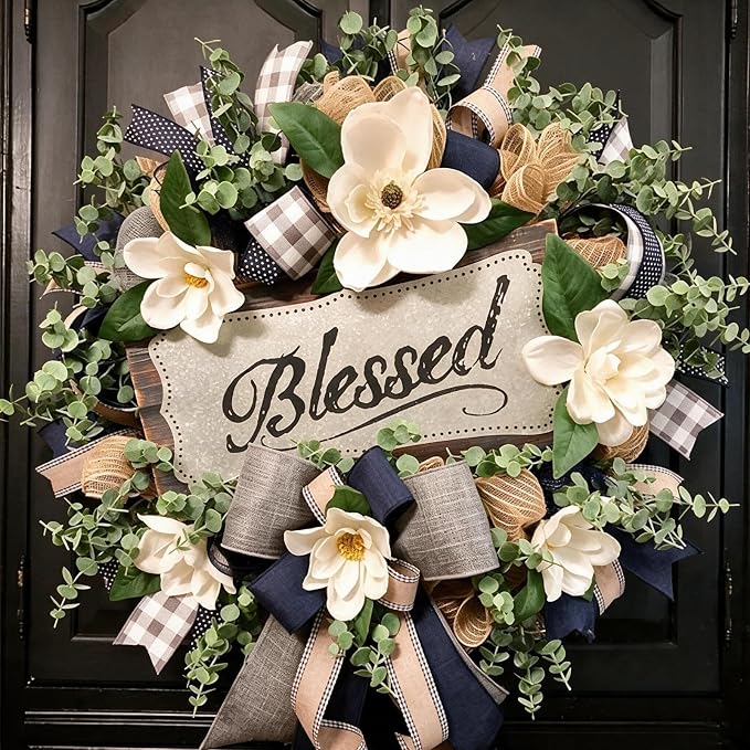 Spring Summer Wreath for Front Door,Farmhouse White Floral Porch Decor - skull wreath