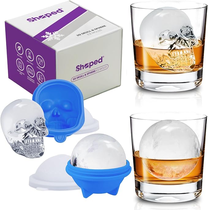 ShapedIceMolds Extra Large 2.75 Inch Ice Ball & Skull Ice Molds, Whiskey Ice Molds with lids, Easy Release Silicone Sphere Ice Trays for Whiskey, Cocktails, Bourbon and Drinks (Blue 2-Pack) - skull ashtray