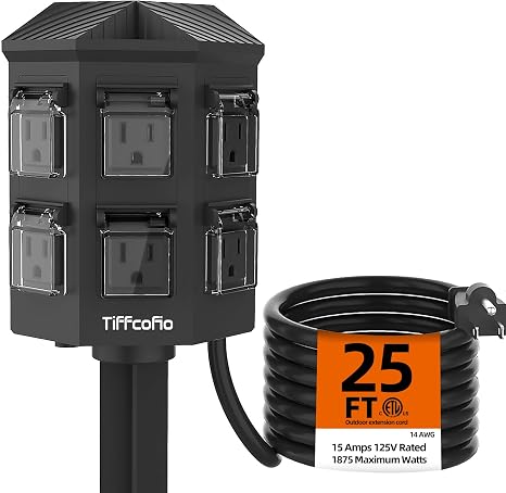 TiFFCOFiO Outdoor Power Strip Weatherproof, 25 FT Extension Cord with Stake, 6 Grounded Outlets for Halloween and Christmas Decorations, 15A/1875W, ETL Listed - skull inflatable