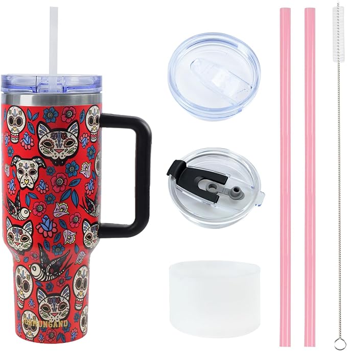 Jormungand 40 oz Tumbler with Handle and Straw, Vacuum Insulated Stainless Steel Cup & Water Bottle, Leakproof Lid, BPA-Free, Cup Holder Friendly for Travel, Keeps Drinks Hot & Cold Red Sugar Skull - skull coaster