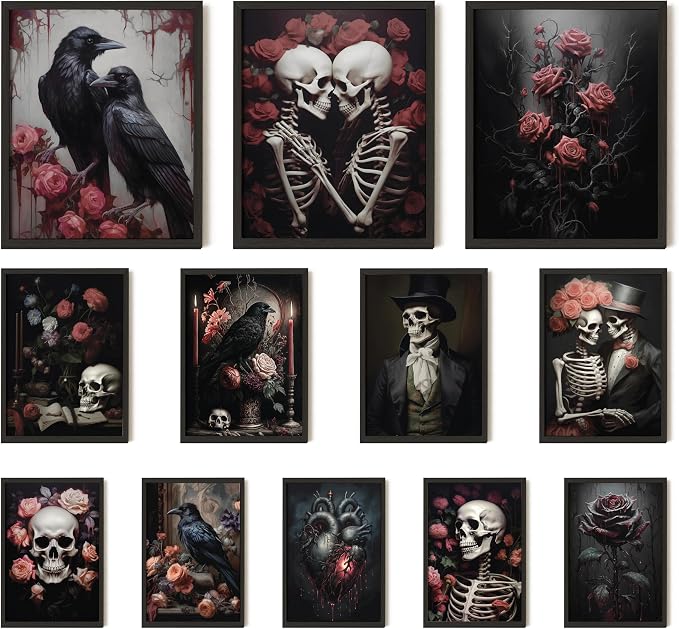 97 Decor Romantic Gothic Wall Art, 12 Pc Skull and Rose Prints, Unframed - skull wall art