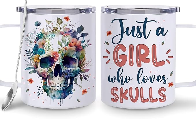 Hyturtle Skull Cup Gifts Skull Lovers - Just A Girl Who Loves Skulls Coffee Mug Stainless Steel 12oz - Goth Gifts For Women - Cute Gothic Lover Gift For Her, Girls, Daughter On Birthday Christmas - sugar skull costume