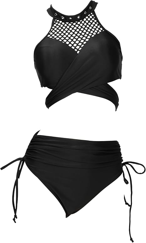 Meowcos Women's Bikini Sets Gothic Bathing Suit Fishnet Designed Two Piece Swimsuit - skull swimsuit