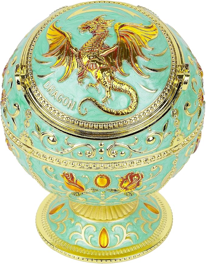 Vintage Dragon Ball Ashtray with Windproof Lid, Teal & Gold - skull incense burner