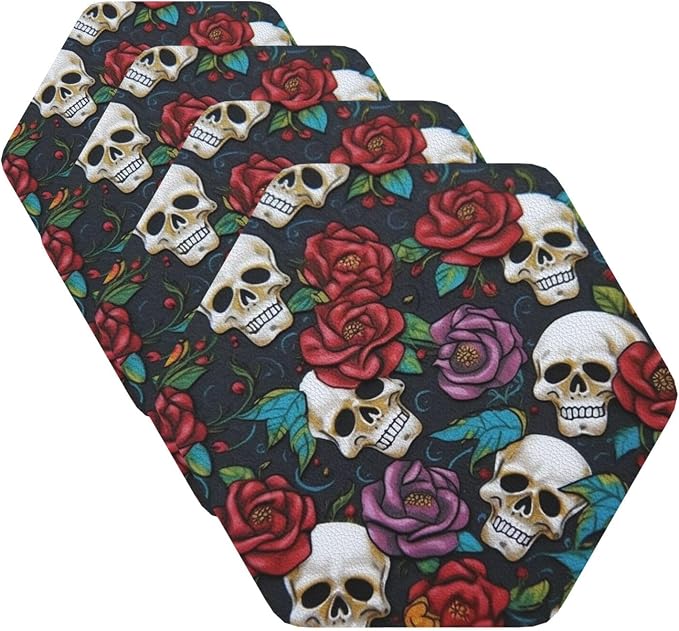 Leather Coasters for Drinks Round Drink Coasters with Holder Sugar Skull Flowers Coasters Set of 4 Cup Mat Pad for Home Table Protective Mat Heat Resistant Coffee Cup 4" Hexagon - skull coaster